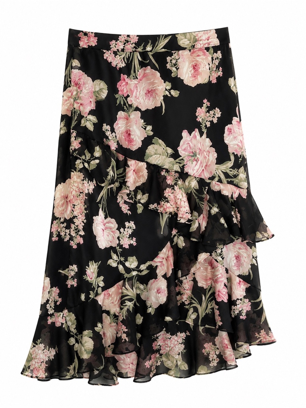 Chaps Pink Floral Midi Skirt with Ruffles Women’s Size 10